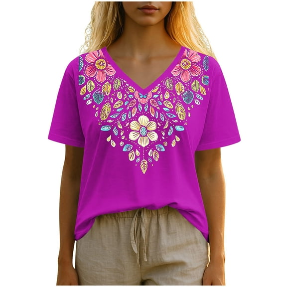 Youyipin Womens Tops Mexican Embroidered Tops Traditional Summer Blouse Women's Floral Printed Tunic V Neck Short Sleeve Shirts For Women