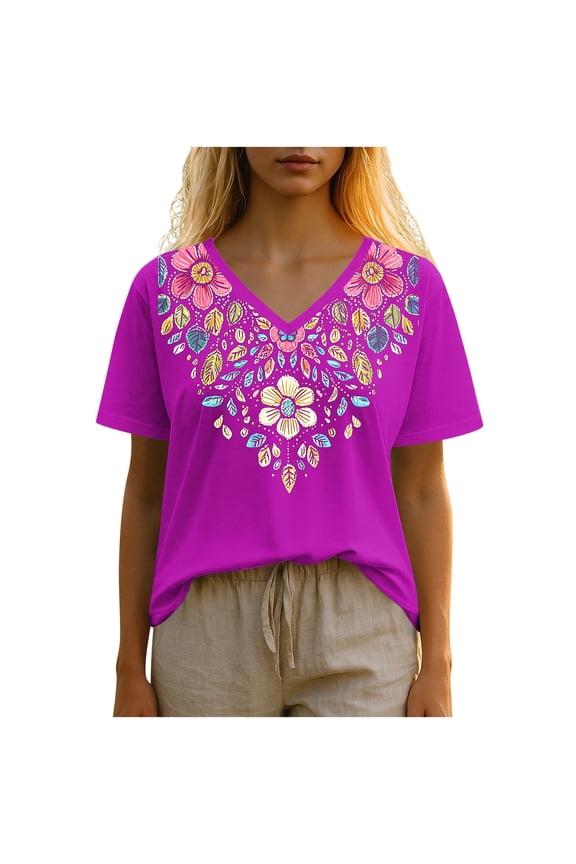 Womens Tops Mexican Embroidered Tops Traditional Summer Blouse Women's Floral Printed Tunic V Neck Short Sleeve Shirts For Women
