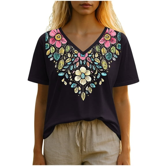 Youyipin Womens Tops Mexican Embroidered Tops Traditional Summer Blouse Women's Floral Printed Tunic V Neck Short Sleeve Shirts For Women