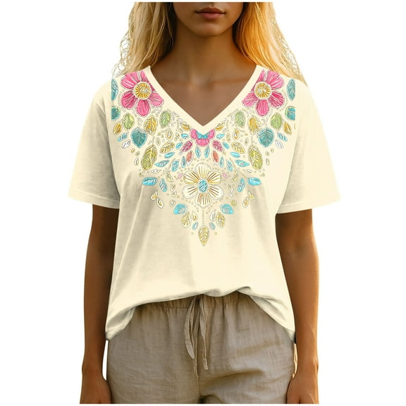 Youyipin Womens Tops Mexican Embroidered Tops Traditional Summer Blouse Women's Floral Printed Tunic V Neck Short Sleeve Shirts For Women