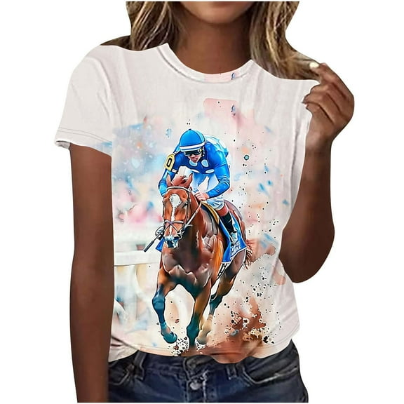 Youyipin Womens Tops New Short-Sleeved Round Neck Pullover Horse Casual Printed Top T-Shirt Summer Clothes Loose Fitting Tops Graphic Tees For Women
