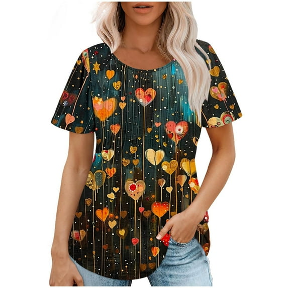 Youyipin Womens Tops Petal Short Sleeve Summer Casual Round Neck Shirts Floral Solid Blouse Pleated Tunics Spring Tops For Women