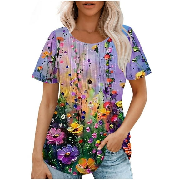 Youyipin Womens Tops Petal Short Sleeve Summer Casual Round Neck Shirts Floral Solid Blouse Pleated Tunics Spring Tops For Women
