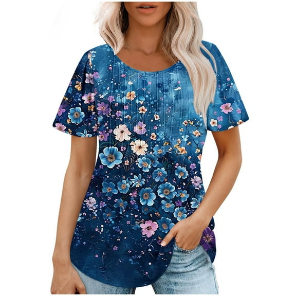 Youyipin Womens Tops Petal Short Sleeve Summer Casual Round Neck Shirts Floral Solid Blouse Pleated Tunics Spring Tops For Women