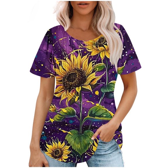 Youyipin Womens Tops Petal Short Sleeve Summer Casual Round Neck Shirts Floral Solid Blouse Pleated Tunics Spring Tops For Women