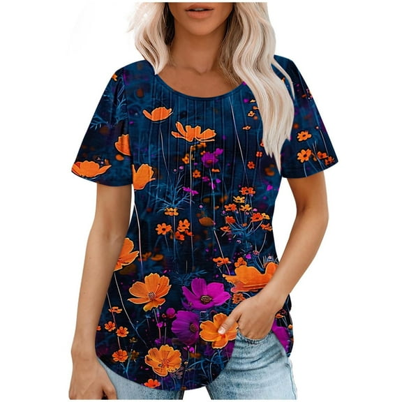 Youyipin Womens Tops Petal Short Sleeve Summer Casual Round Neck Shirts Floral Solid Blouse Pleated Tunics Spring Tops For Women