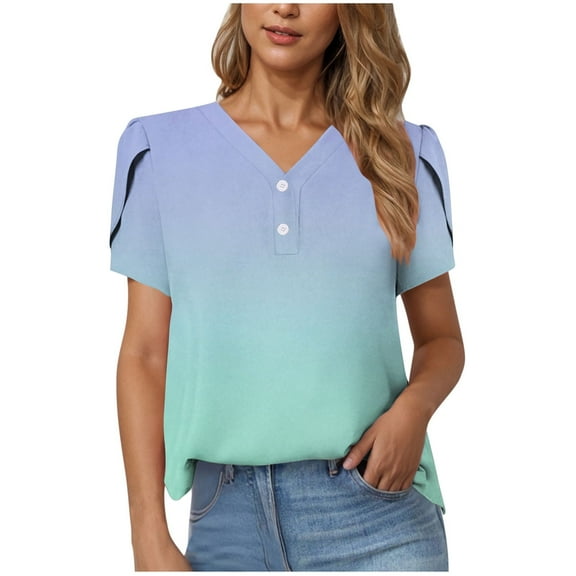 Youyipin Womens Tops Plus Size Business Summer Henley Tunic Tops Button Down T-Shirts Petal Sleeve V-Neck Casual Blouses Short Sleeve Shirts For Women