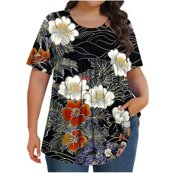 Youyipin Womens Tops Plus Size Tunic Floral Casual Short Sleeves T Shirts Flowy Blouses Summer Tops for Women