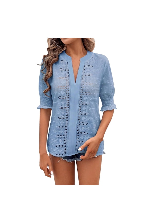Womens Tops Puff Sleeve Tops For Women Hollow Out Lace Notched Collar Bubble Blouses V Neck Chiffon Shirts Spring Tops For Women