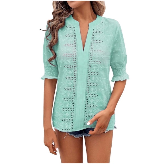 Youyipin Womens Tops Puff Sleeve Tops For Women Hollow Out Lace Notched Collar Bubble Blouses V Neck Chiffon Shirts Spring Tops For Women