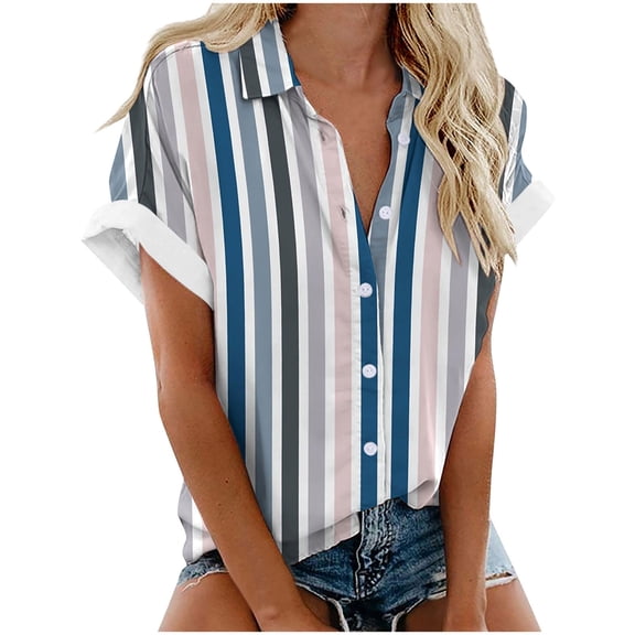 Youyipin Womens Tops Short Sleeve Summer Tops For Women Casual Button Down Shirts Solid/Striped Business Work Blouses Beach Vacation Clothes For Women