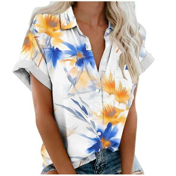 Youyipin Womens Tops Short Sleeve Summer Tops For Women Casual Button Down Shirts Solid/Striped Business Work Blouses Beach Vacation Clothes For Women