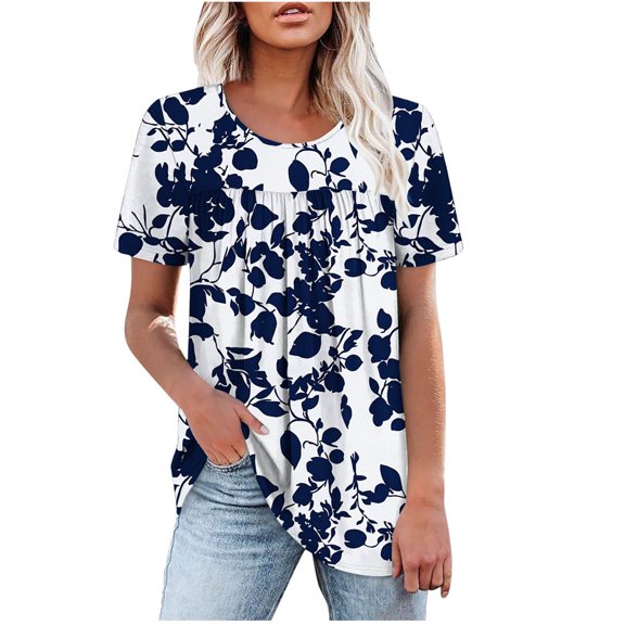 Youyipin Womens Tops Short Sleeve T Shirts Pleated Dressy Casual Round Neck Summer Clothes Outfits Blouses Loose Fit Summer Tops For Women