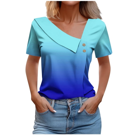 Youyipin Womens Tops Short Sleeve Tops Dressy Casual Asymmetrical Neck Button Summer Shirts Cute Holiday Loose Fit Work Blouse Summer Tops For Women
