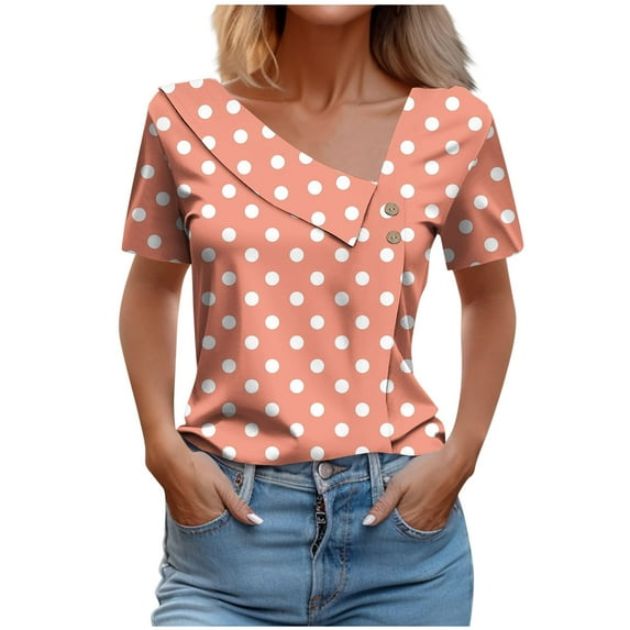 Youyipin Womens Tops Short Sleeve Tops Dressy Casual Asymmetrical Neck Button Summer Shirts Cute Holiday Loose Fit Work Blouse Summer Tops For Women