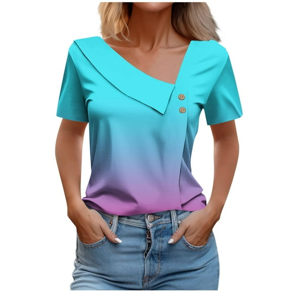 Youyipin Womens Tops Short Sleeve Tops Dressy Casual Asymmetrical Neck Button Summer Shirts Cute Holiday Loose Fit Work Blouse Summer Tops For Women