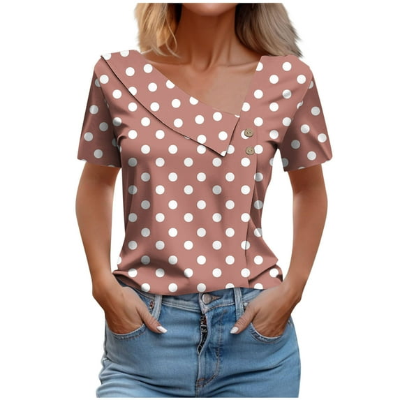 Youyipin Womens Tops Short Sleeve Tops Dressy Casual Asymmetrical Neck Button Summer Shirts Cute Holiday Loose Fit Work Blouse Summer Tops For Women