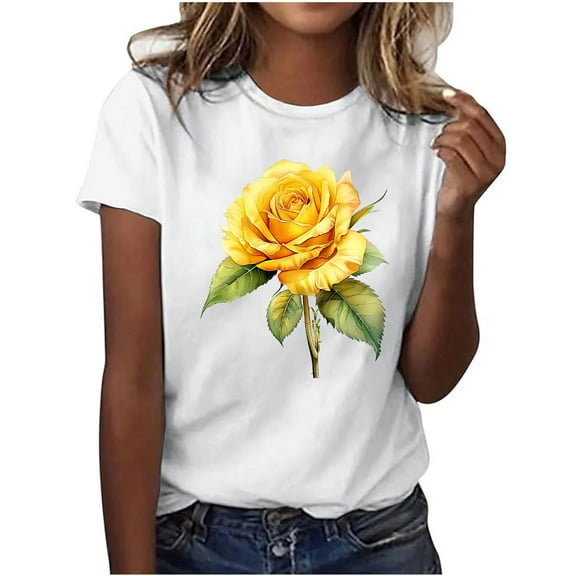 Youyipin Womens Tops Spring Fashion Floral Print Round Neck Short Sleeve Beach Vacation Clothes Graphic Tees For Women