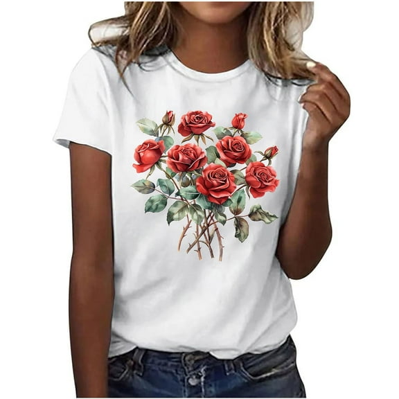 Youyipin Womens Tops Spring Fashion Floral Print Round Neck Short Sleeve Beach Vacation Clothes Graphic Tees For Women
