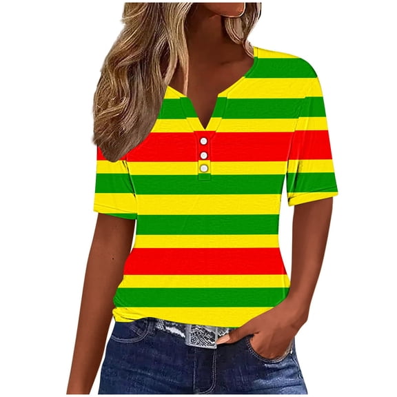 Youyipin Womens Tops Spring Fashion Ladies' Independence Day Print T Shirt Blouses Casual Work Tops Button Up Three Quarter Sleeve 3/4 Sleeve V-Neck Top Shirt Graphic Tees For Women