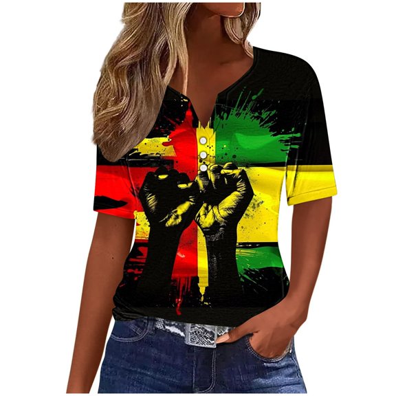 Youyipin Womens Tops Spring Fashion Ladies' Independence Day Print T Shirt Blouses Casual Work Tops Button Up Three Quarter Sleeve 3/4 Sleeve V-Neck Top Shirt Graphic Tees For Women