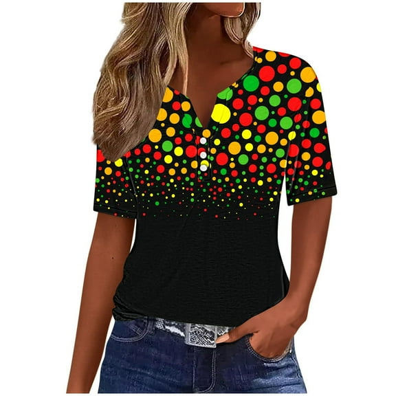 Youyipin Womens Tops Spring Fashion Ladies' Independence Day Print T Shirt Blouses Casual Work Tops Button Up Three Quarter Sleeve 3/4 Sleeve V-Neck Top Shirt Graphic Tees For Women