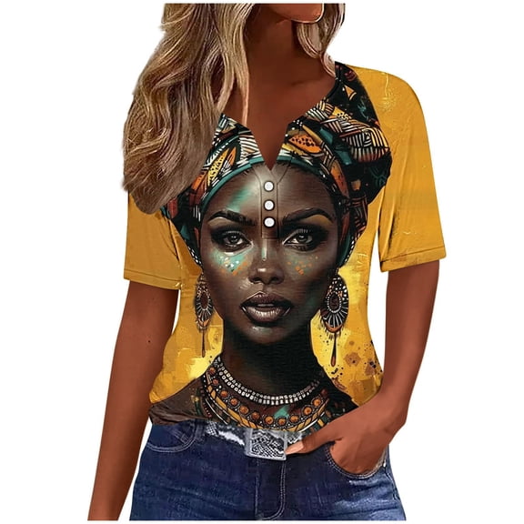 Youyipin Womens Tops Spring Fashion Ladies' Independence Day Print T Shirt Blouses Casual Work Tops Button Up Three Quarter Sleeve 3/4 Sleeve V-Neck Top Shirt Graphic Tees For Women