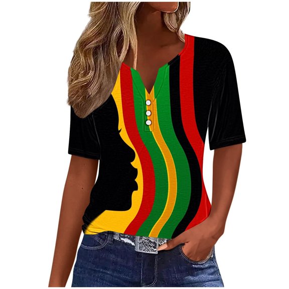 Youyipin Womens Tops Spring Fashion Ladies' Independence Day Print T Shirt Blouses Casual Work Tops Button Up Three Quarter Sleeve 3/4 Sleeve V-Neck Top Shirt Graphic Tees For Women