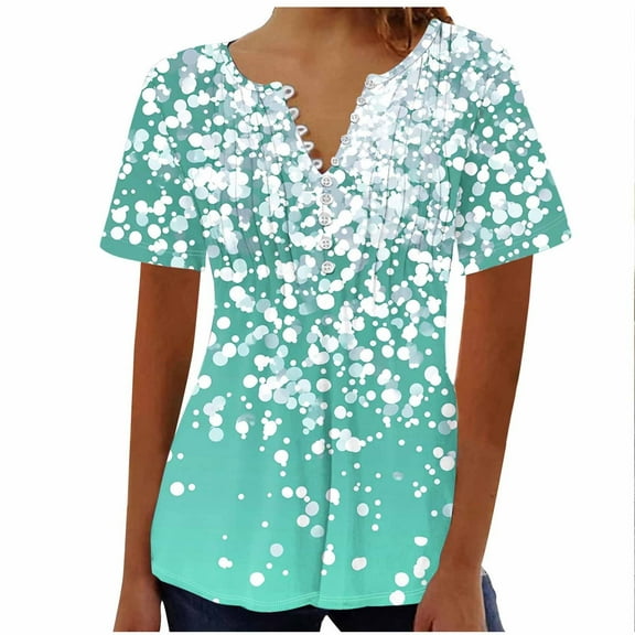 Youyipin Womens Tops Spring Fashion Puff Short Sleeve Shirts Dressy Casual Henley V-Neck Summer Tops Pleated With Button T-Shirts Loose Fit Tunic Blouses Spring Tops For Women