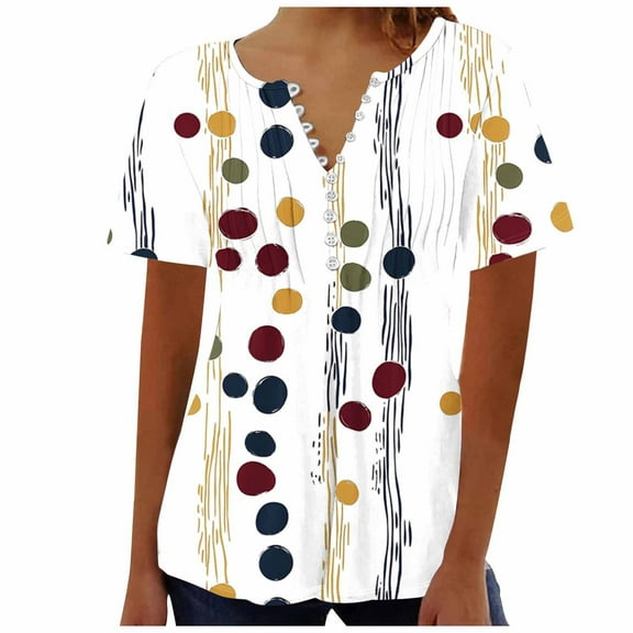 Youyipin Womens Tops Spring Fashion Puff Short Sleeve Shirts Dressy Casual Henley V-Neck Summer Tops Pleated With Button T-Shirts Loose Fit Tunic Blouses Spring Tops For Women