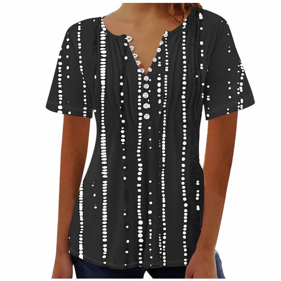 Youyipin Womens Tops Spring Fashion Puff Short Sleeve Shirts Dressy Casual Henley V-Neck Summer Tops Pleated With Button T-Shirts Loose Fit Tunic Blouses Spring Tops For Women
