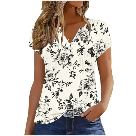 Youyipin Womens Tops Spring Fashion Tshirts Short Sleeve Pleated Button Down V Neck Casual Dressy Business Work Blouses Shirts Summer Tops For Women