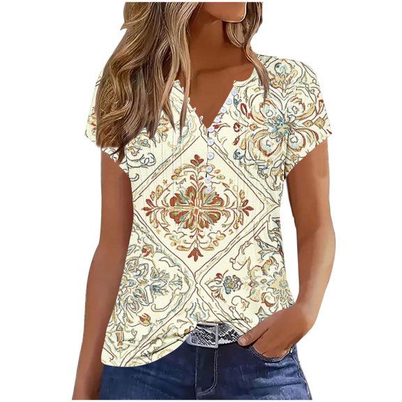 Youyipin Womens Tops Spring Fashion Tshirts Short Sleeve Pleated Button Down V Neck Casual Dressy Business Work Blouses Shirts Summer Tops For Women