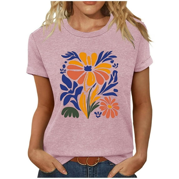 Youyipin Womens Tops Spring Fashion Vintage Floral Crewneck T Shirt Summer Oversized Boho Wildflower Graphic Loose Tees Short Sleeve Casual Tops T Shirts For Women