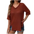 thumbnail image 1 of Youyipin Womens Tops Spring Fashion Waffle Knit Shirts Rolled Short Sleeve V Neck Summer Tops Dressy Casual Trendy Split Front Tunic Spring Tops For Women, 1 of 8