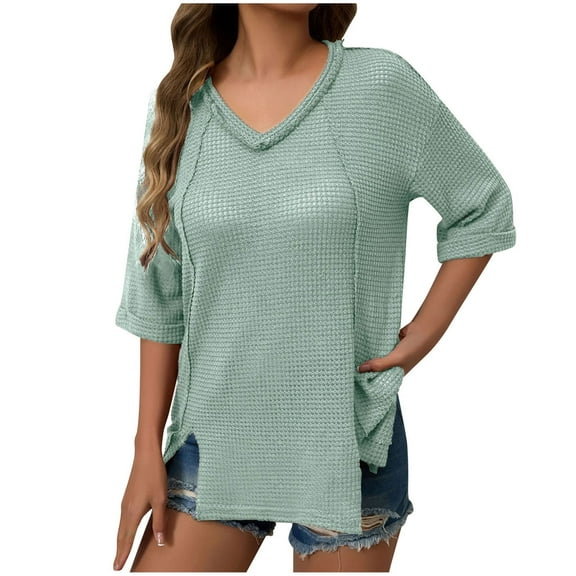 Youyipin Womens Tops Spring Fashion Waffle Knit Shirts Rolled Short Sleeve V Neck Summer Tops Dressy Casual Trendy Split Front Tunic Spring Tops For Women