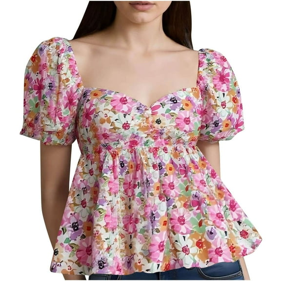 Youyipin Womens Tops Spring Fashion Women's Floral Print Ruffle Blouse Top Sweetheart Neck Short Puff Sleeve Tops Summer Tops For Women