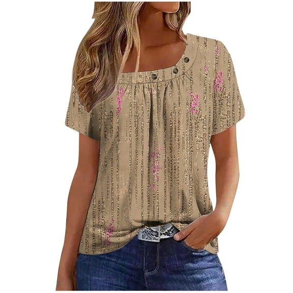 Youyipin Womens Tops Spring Fashion Women's Summer Short Sleeve Tunic Plus Size Ladies Shirts Floral Blouse Loose Flowy Tops For Leggings Beach Vacation Clothes For Women