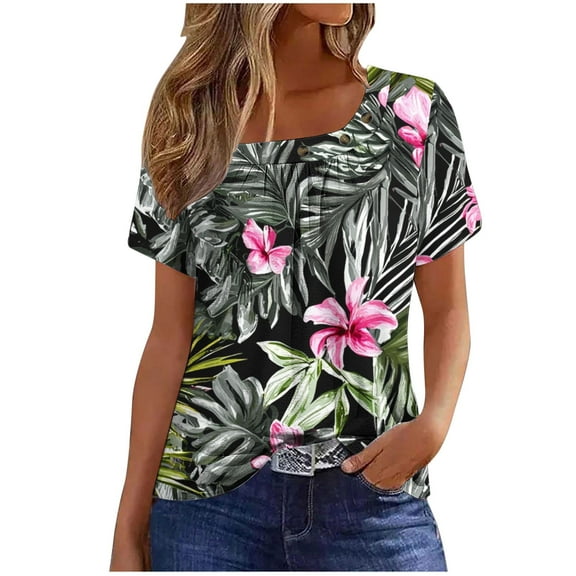 Youyipin Womens Tops Spring Fashion Women's Summer Short Sleeve Tunic Plus Size Ladies Shirts Floral Blouse Loose Flowy Tops For Leggings Beach Vacation Clothes For Women