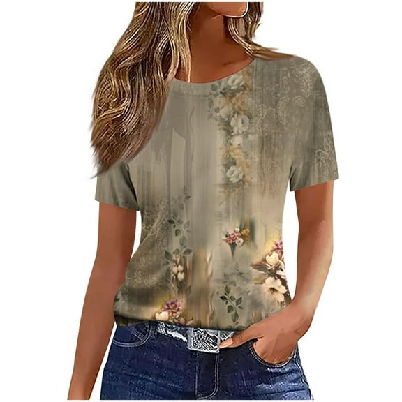 Youyipin Womens Tops Spring Fashion Women's Summer Short Sleeve Tunic Plus Size Ladies Shirts Floral Blouse Loose Flowy Tops For Leggings Beach Vacation Clothes For Women