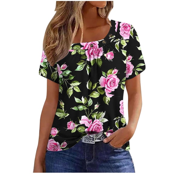 Youyipin Womens Tops Spring Fashion Women's Summer Short Sleeve Tunic Plus Size Ladies Shirts Floral Blouse Loose Flowy Tops For Leggings Beach Vacation Clothes For Women
