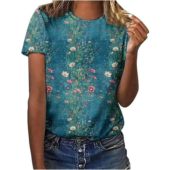 Youyipin Womens Tops Spring Fashion Women's T Shirts Summer Graphic Print Tees Short Sleeve Crew Neck Casual Tee Tops Spring Tops For Women