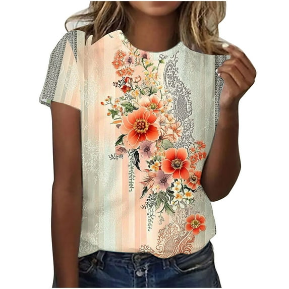 Youyipin Womens Tops Spring Fashion Womens Dressy Tops Casual Short Sleeve Flower Print Round Neck Pullover Top Blouse Spring Tops For Women 2025