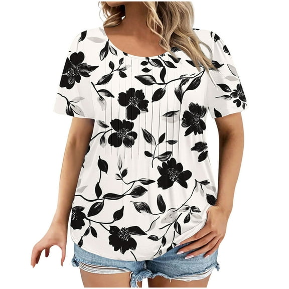 Youyipin Womens Tops Spring Fashion Womens T Shirts Short Sleeve Trendy Pleated Tees Blouses Dressy Casual Round Neck Summer Tops For Women