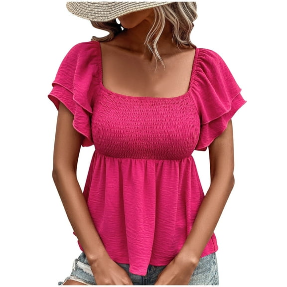 Youyipin Womens Tops Square Neck Ruffle Short Sleeve Tops Cute Smocked Babydoll Going Out Tops For Women
