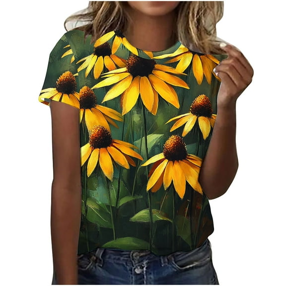 Youyipin Womens Tops Summer Floral Daisies Flower Print Women's Summer Tops Casual Yet Dressy Short Sleeve Polyester Pullover Shirts Graphic Tees For Women