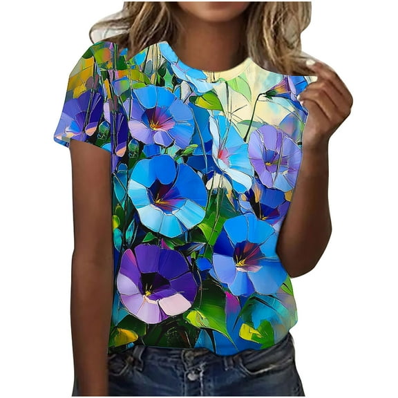 Youyipin Womens Tops Summer Floral Daisies Flower Print Women's Summer Tops Casual Yet Dressy Short Sleeve Polyester Pullover Shirts Graphic Tees For Women
