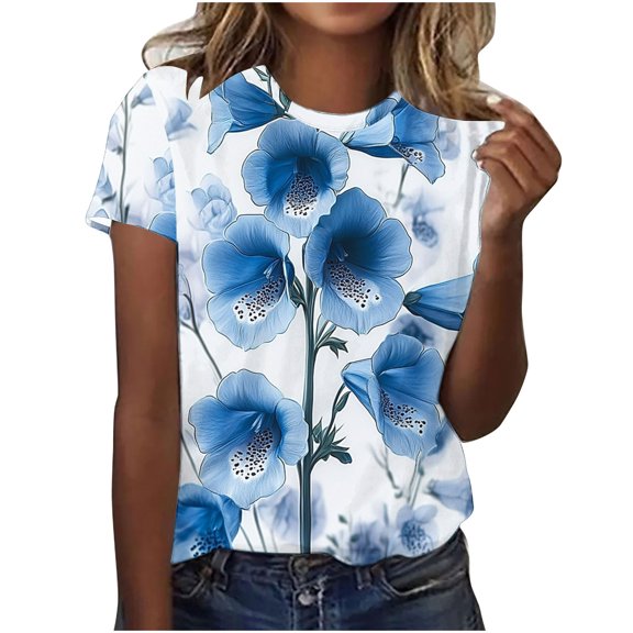 Youyipin Womens Tops Summer Floral Daisies Flower Print Women's Summer Tops Casual Yet Dressy Short Sleeve Polyester Pullover Shirts Graphic Tees For Women