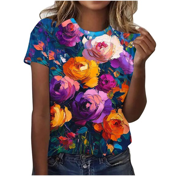 Youyipin Womens Tops Summer Floral Daisies Flower Print Women's Summer Tops Casual Yet Dressy Short Sleeve Polyester Pullover Shirts Graphic Tees For Women