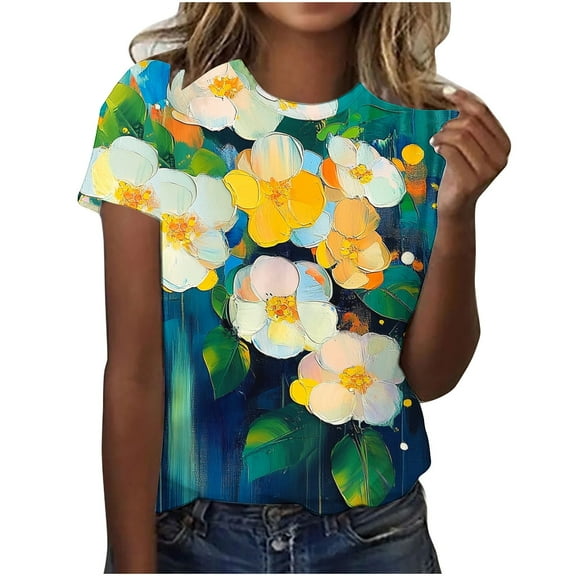 Youyipin Womens Tops Summer Floral Daisies Flower Print Women's Summer Tops Casual Yet Dressy Short Sleeve Polyester Pullover Shirts Graphic Tees For Women
